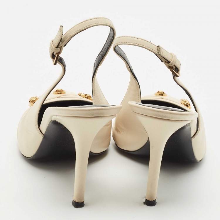 Pre Owned Versace Off White Leather Logo Detail Pointed Toe Slingback Pumps Size 38