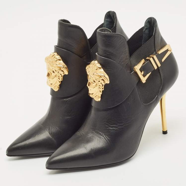 Pre Owned Versace Black Leather Palazzo Ankle Booties Size 37
