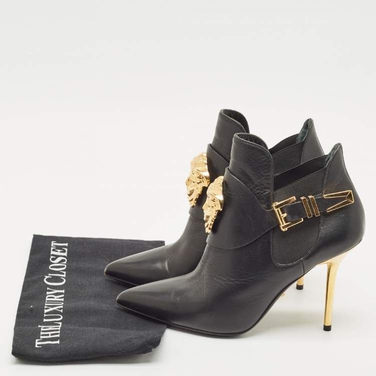 Pre Owned Versace Black Leather Palazzo Ankle Booties Size 37