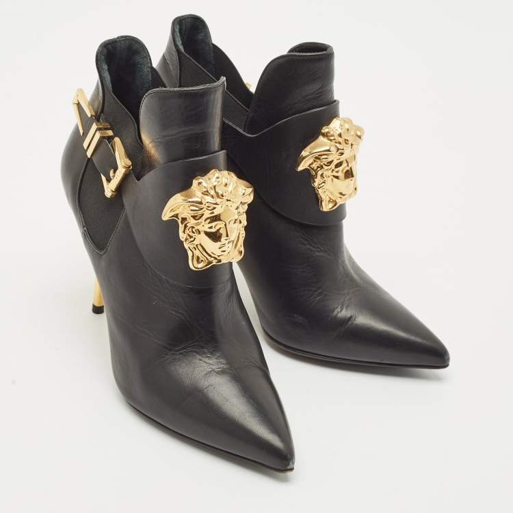 Pre Owned Versace Black Leather Palazzo Ankle Booties Size 37
