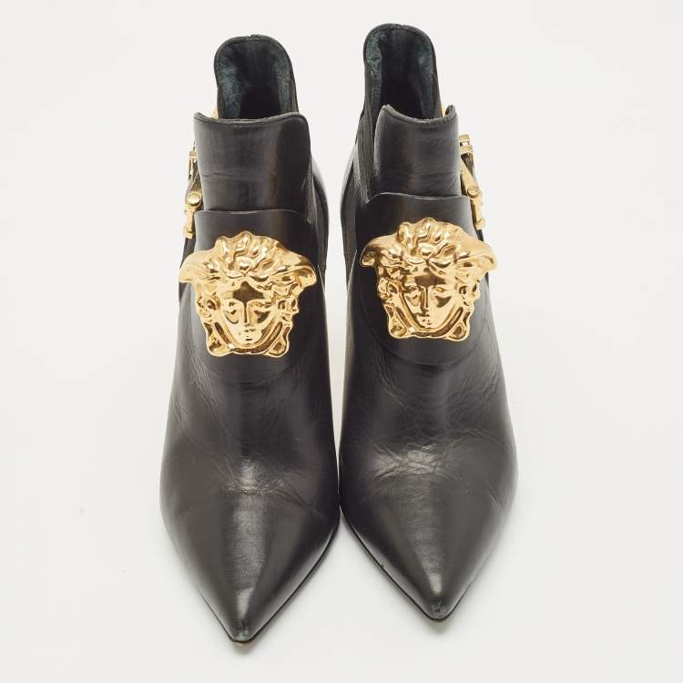 Pre Owned Versace Black Leather Palazzo Ankle Booties Size 37