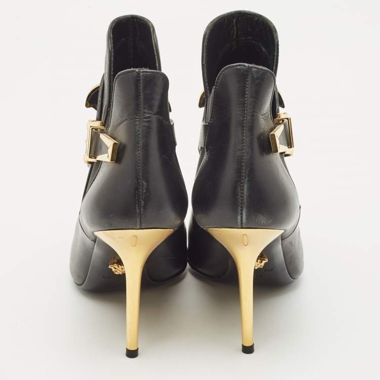 Pre Owned Versace Black Leather Palazzo Ankle Booties Size 37