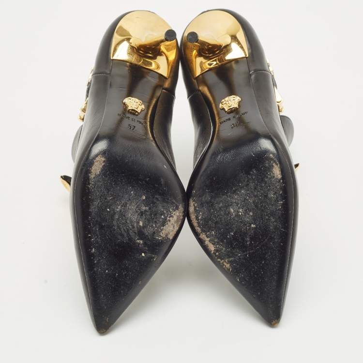 Pre Owned Versace Black Leather Palazzo Ankle Booties Size 37