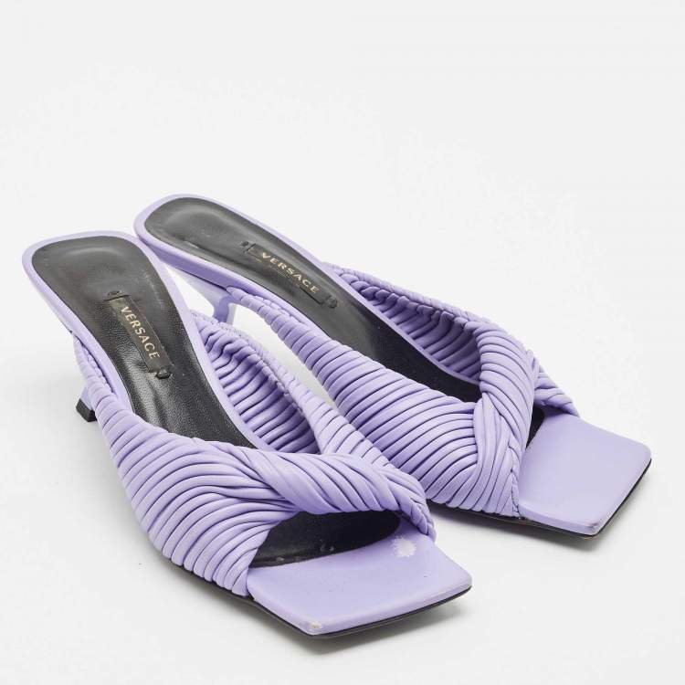 Pre Owned Versace Purple Pleated Leather Plisse Slide Sandals Size 37