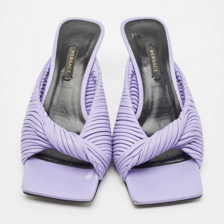 Pre Owned Versace Purple Pleated Leather Plisse Slide Sandals Size 37