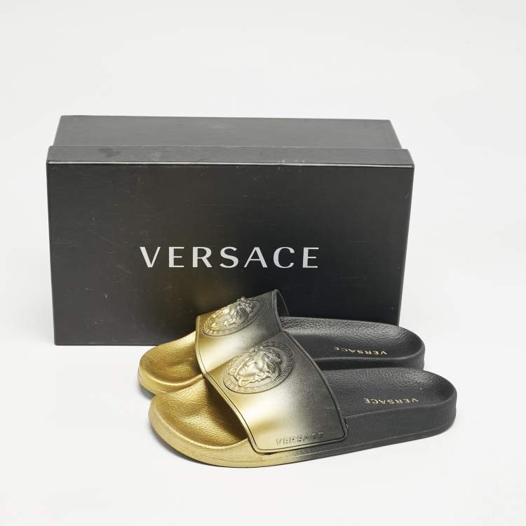 Pre Owned Versace Gold/Black Rubber Medusa Flat Pool Slide Sandals Size 37