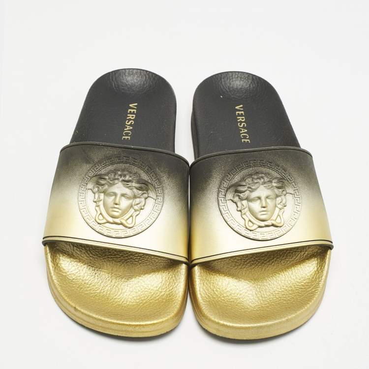 Pre Owned Versace Gold/Black Rubber Medusa Flat Pool Slide Sandals Size 37