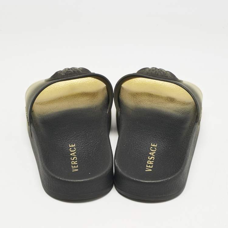 Pre Owned Versace Gold/Black Rubber Medusa Flat Pool Slide Sandals Size 37