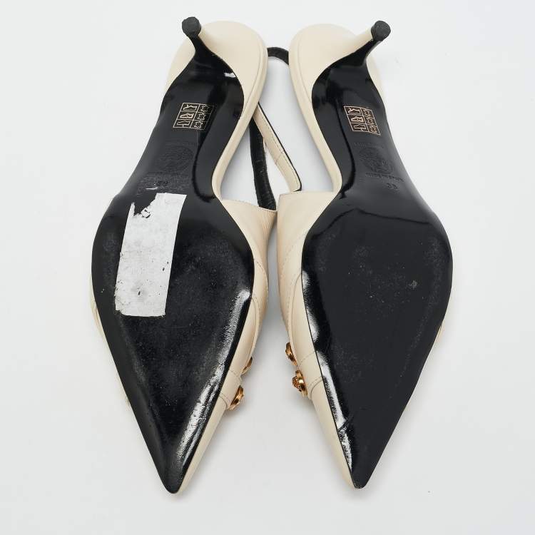 Pre Owned Versace Off White Leather Medusa Logo Pointed Toe Slingback Pumps Size 36