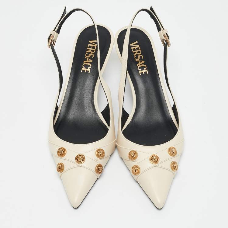 Pre Owned Versace Off White Leather Medusa Logo Pointed Toe Slingback Pumps Size 36