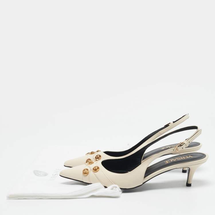 Pre Owned Versace Off White Leather Medusa Logo Pointed Toe Slingback Pumps Size 36