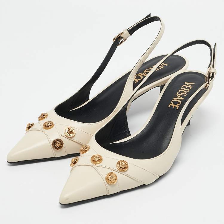 Pre Owned Versace Off White Leather Medusa Logo Pointed Toe Slingback Pumps Size 36