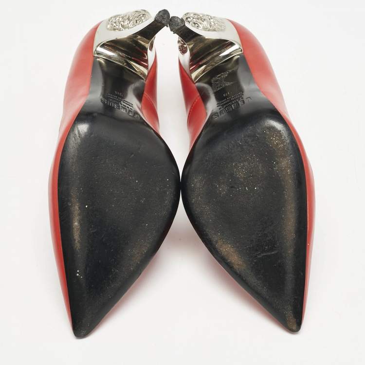 Pre Owned Versace Red Leather Medusa Heel Pointed Toe Pumps Size 38
