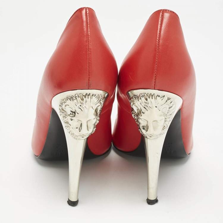 Pre Owned Versace Red Leather Medusa Heel Pointed Toe Pumps Size 38