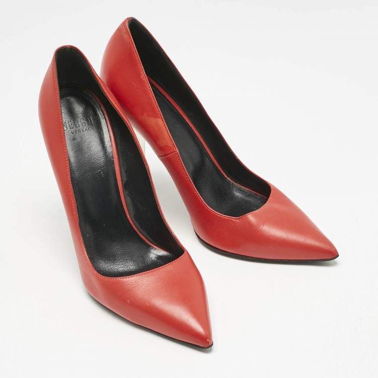 Pre Owned Versace Red Leather Medusa Heel Pointed Toe Pumps Size 38