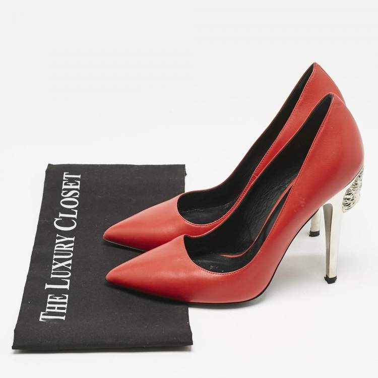 Pre Owned Versace Red Leather Medusa Heel Pointed Toe Pumps Size 38