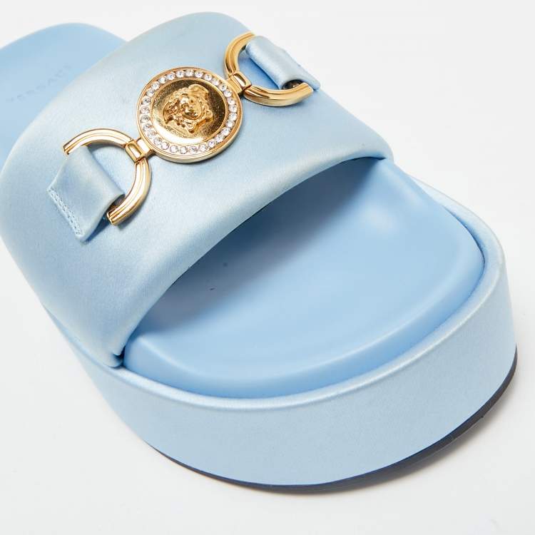Pre Owned Versace Blue Satin Medusa Biggie Platform Slide Sandals Size 38