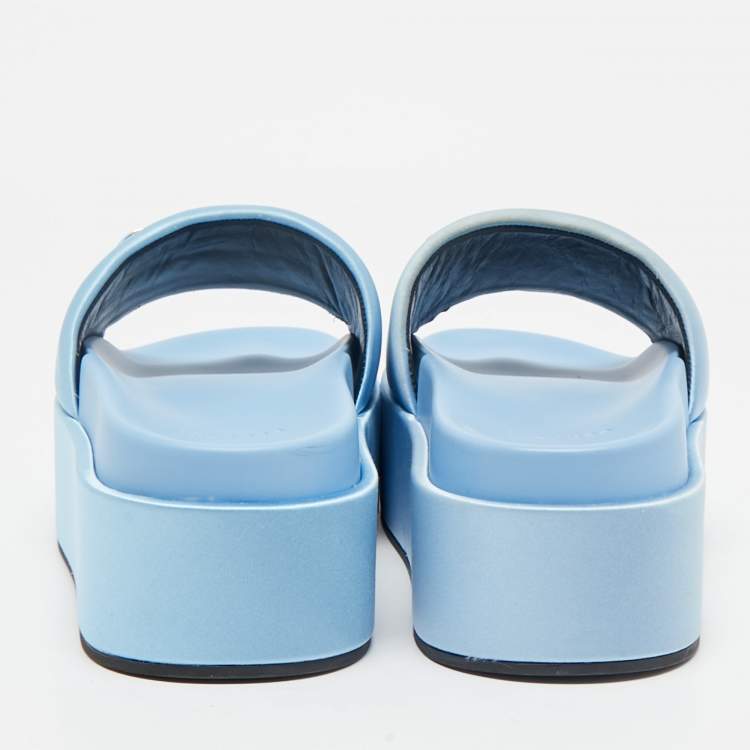 Pre Owned Versace Blue Satin Medusa Biggie Platform Slide Sandals Size 38