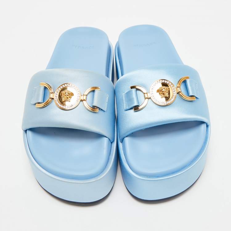 Pre Owned Versace Blue Satin Medusa Biggie Platform Slide Sandals Size 38