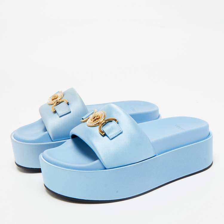Pre Owned Versace Blue Satin Medusa Biggie Platform Slide Sandals Size 38