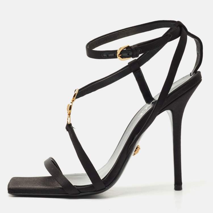 Pre Owned Versace Black Satin Medusa T-Strap Sandals Size 39