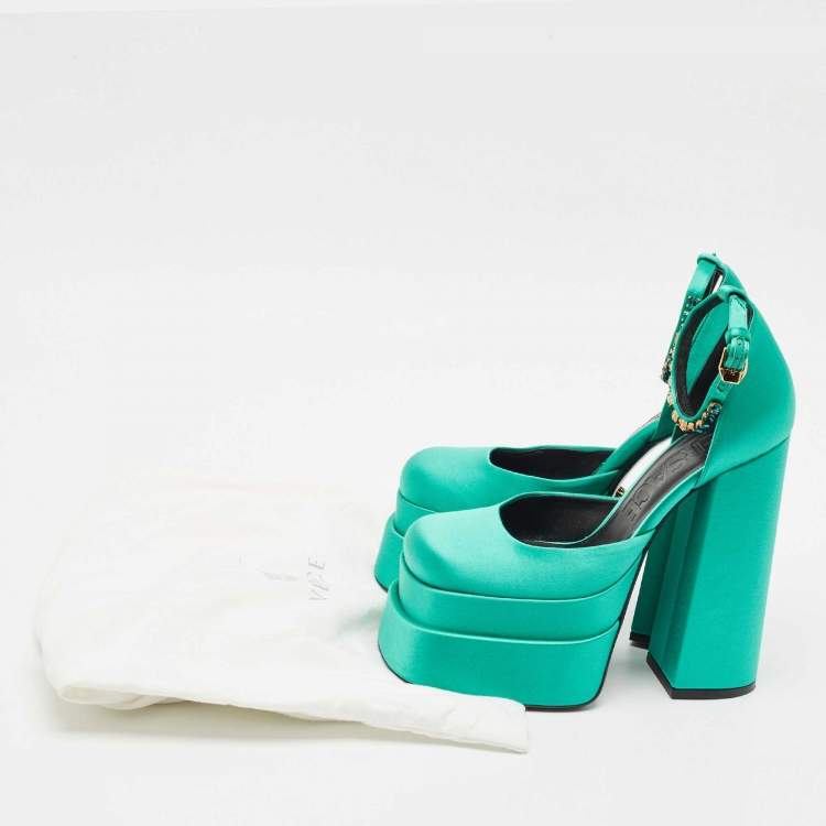 Pre Owned Versace Green Satin Aevitas Crystal Embellished Ankle Strap Platform Pumps Size 37