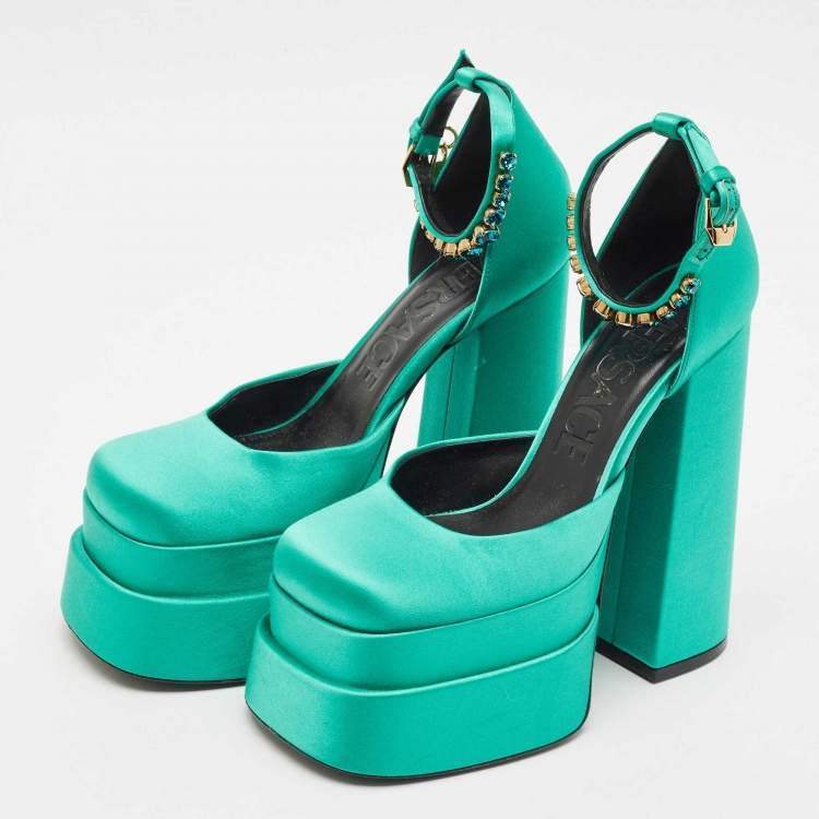 Pre Owned Versace Green Satin Aevitas Crystal Embellished Ankle Strap Platform Pumps Size 37