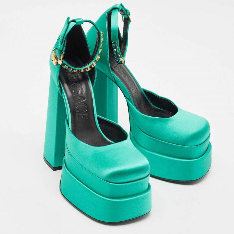 Pre Owned Versace Green Satin Aevitas Crystal Embellished Ankle Strap Platform Pumps Size 37