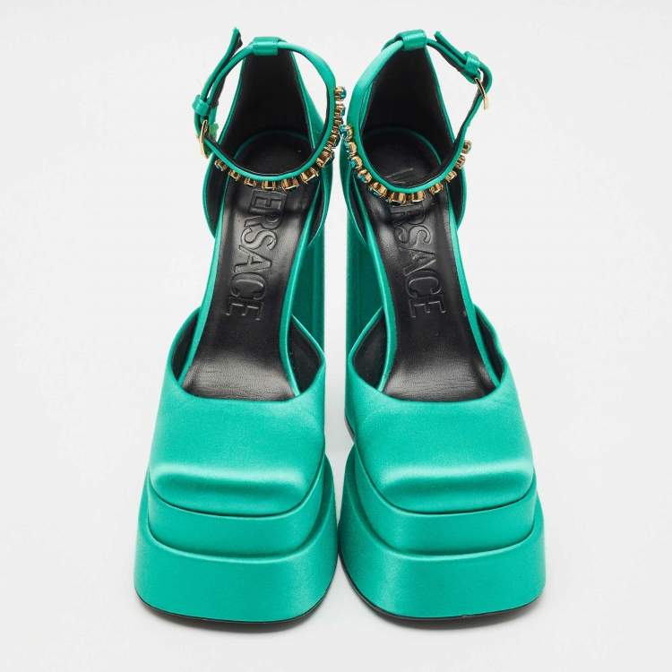 Pre Owned Versace Green Satin Aevitas Crystal Embellished Ankle Strap Platform Pumps Size 37