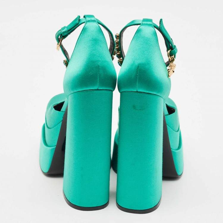 Pre Owned Versace Green Satin Aevitas Crystal Embellished Ankle Strap Platform Pumps Size 37