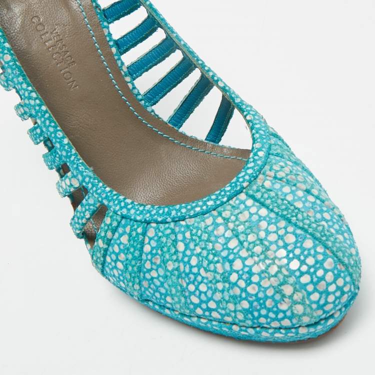Pre Owned Versace Blue/White Suede Platform Pumps Size 37