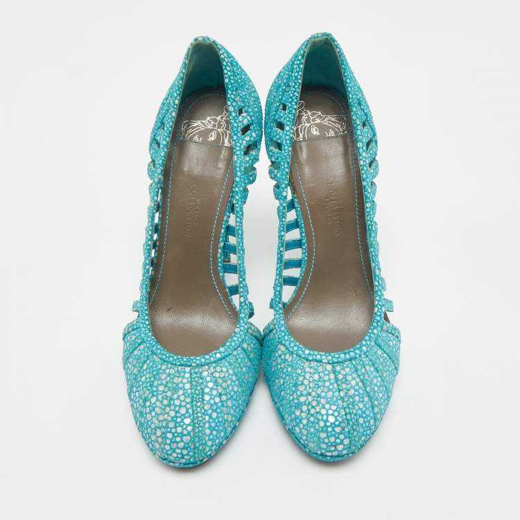 Pre Owned Versace Blue/White Suede Platform Pumps Size 37