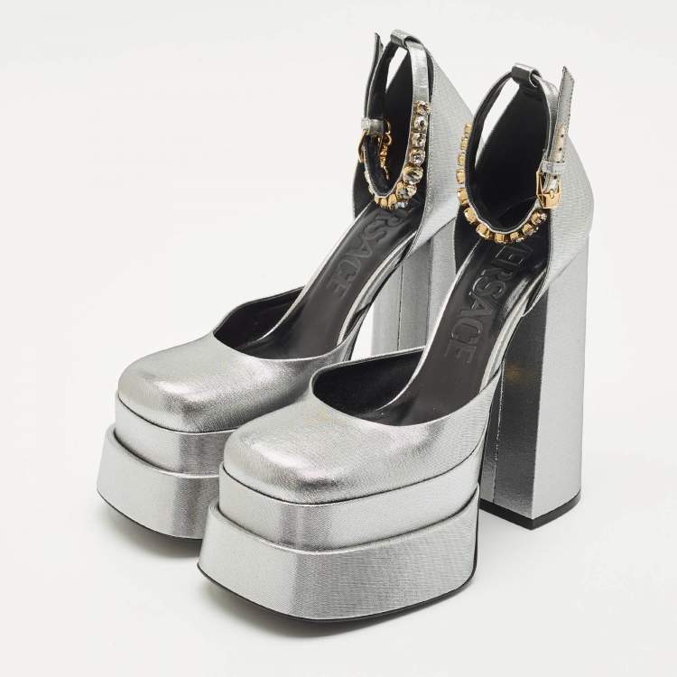 Pre Owned Versace Metallic Grey Fabric Medusa Aevitas Double Platform Pumps Size 38.5