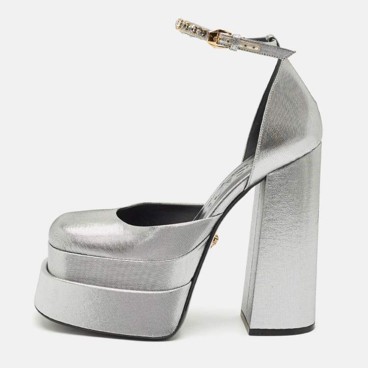 Pre Owned Versace Metallic Grey Fabric Medusa Aevitas Double Platform Pumps Size 38.5