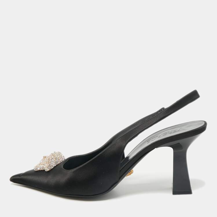 Pre Owned Versace Black Satin Crystal Embellished La Medusa Slingback Pumps Size 40