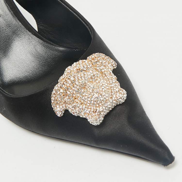Pre Owned Versace Black Satin Crystal Embellished La Medusa Slingback Pumps Size 40