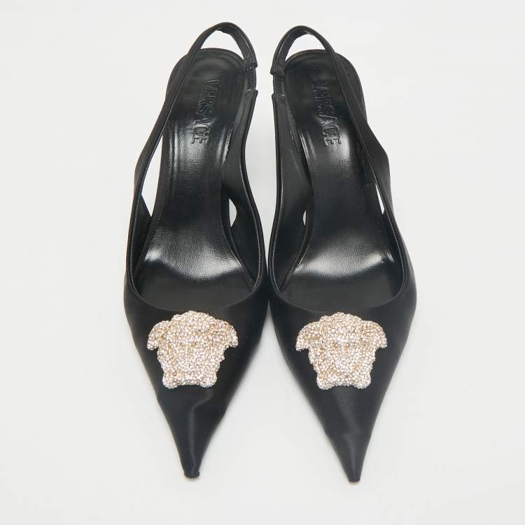 Pre Owned Versace Black Satin Crystal Embellished La Medusa Slingback Pumps Size 40