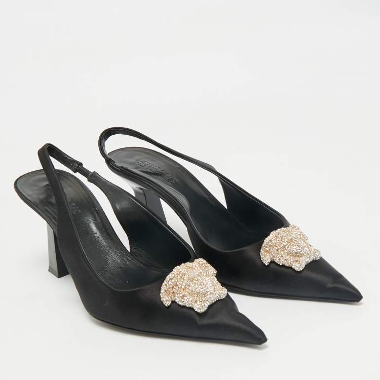 Pre Owned Versace Black Satin Crystal Embellished La Medusa Slingback Pumps Size 40
