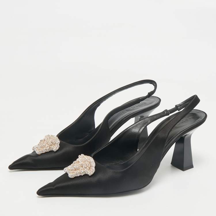 Pre Owned Versace Black Satin Crystal Embellished La Medusa Slingback Pumps Size 40