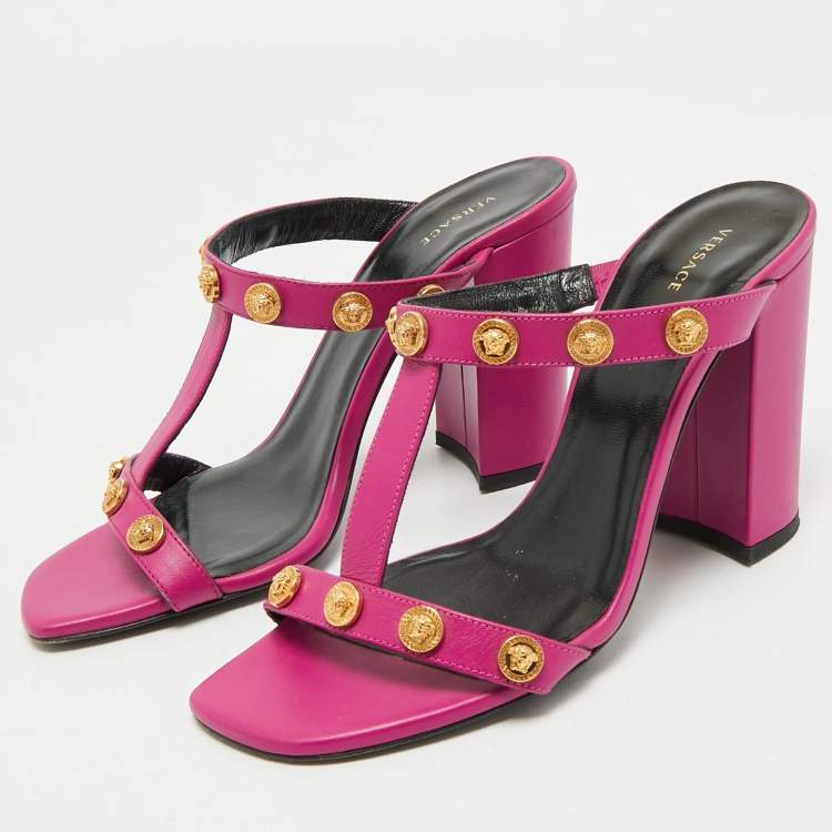 Pre Owned Versace Purple Leather Medusa Embellished Sandals Size 37