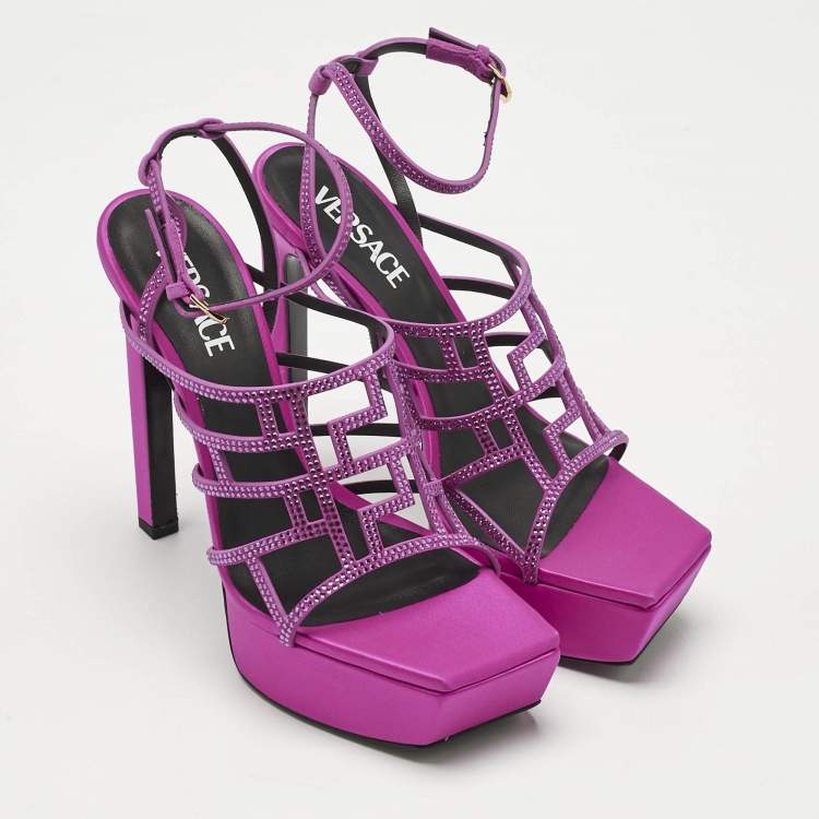 Pre Owned Versace Fuchsia Suede Greca Caged Platform Sandals Size 40