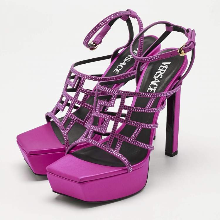 Pre Owned Versace Fuchsia Suede Greca Caged Platform Sandals Size 40