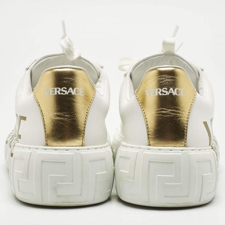 Pre Owned Versace White/Gold Leather La Greca Lace Up Sneakers Size 38