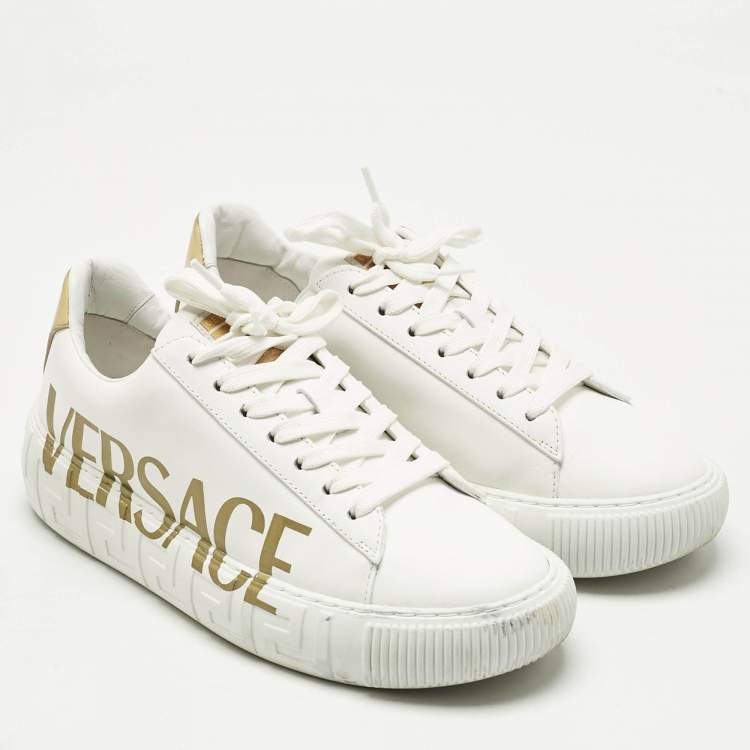 Pre Owned Versace White/Gold Leather La Greca Lace Up Sneakers Size 38