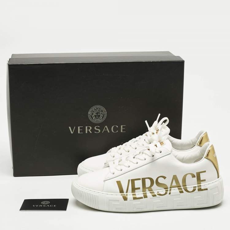 Pre Owned Versace White/Gold Leather La Greca Lace Up Sneakers Size 38