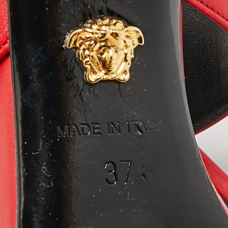 Pre Owned Versace Red Leather and Metal Medusa Slide Sandals Size 37