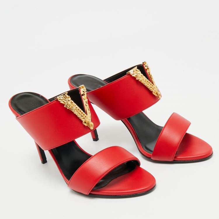Pre Owned Versace Red Leather and Metal Medusa Slide Sandals Size 37