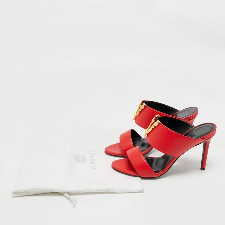 Pre Owned Versace Red Leather and Metal Medusa Slide Sandals Size 37