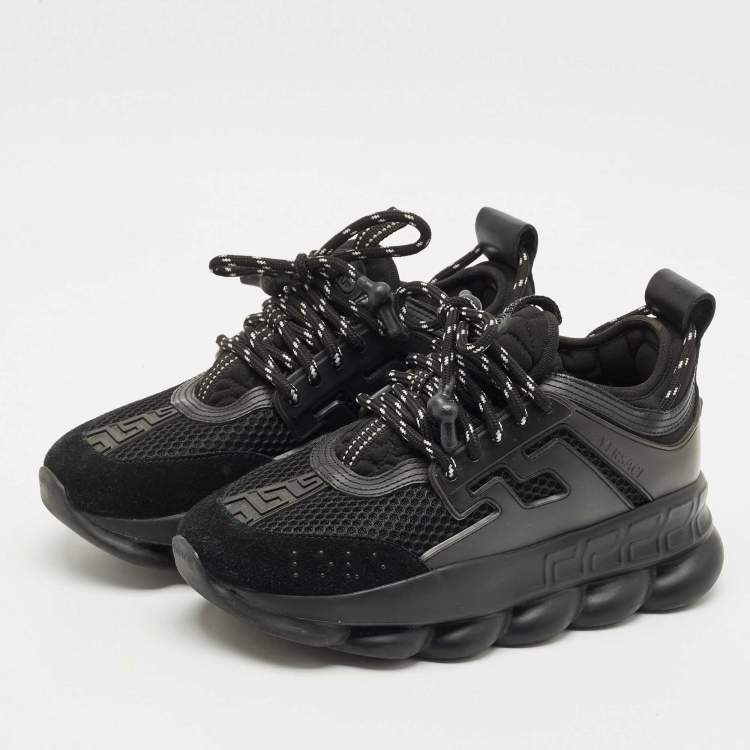 Pre Owned Versace Black Leather and Mesh Chain Reaction Sneakers Size 37