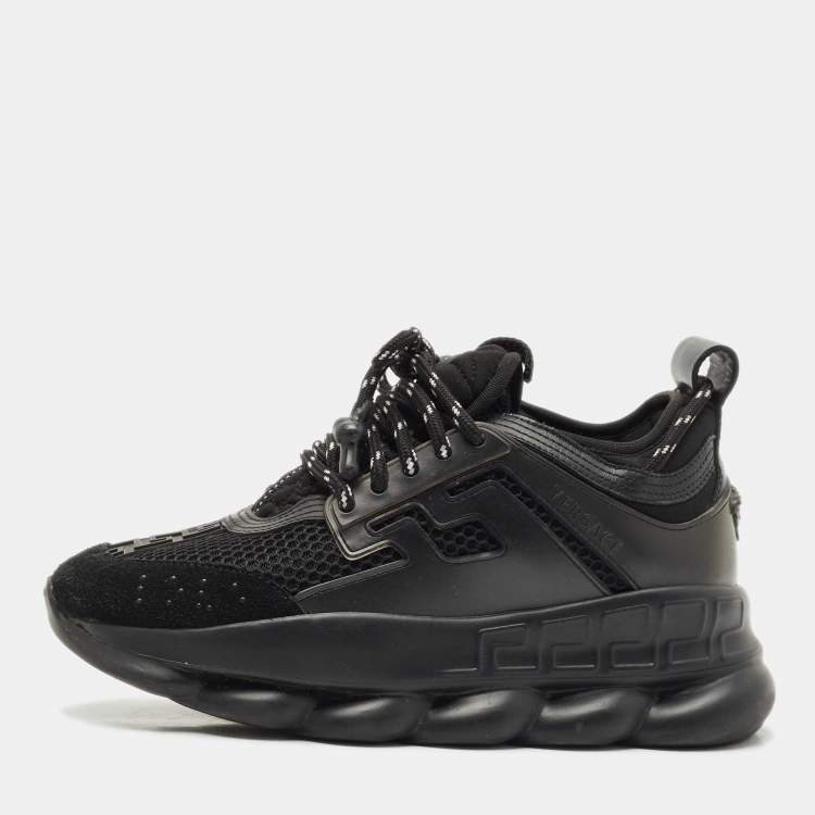 Pre Owned Versace Black Leather and Mesh Chain Reaction Sneakers Size 37